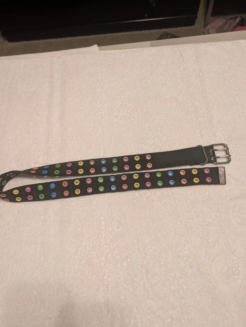Y2k Black Double Grommet Women's Belt with Multicolor  Rainbow Eyelet Detail